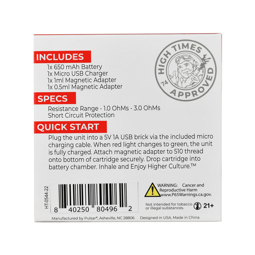 High Times x Pulsar Obi Auto-Draw Vape Battery packaging with specs and contents