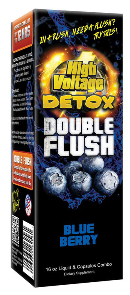 High Voltage Detox Double Flush Blueberry 16oz, front view of 24pc case box for cleanse & detox