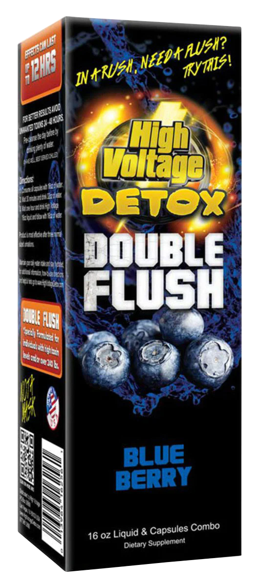 High Voltage Detox Double Flush Blueberry flavor, front view of the 16 oz liquid & capsules combo box.