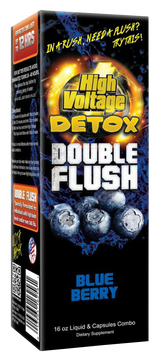 High Voltage Detox Double Flush Blueberry flavor, front view of the 16 oz liquid & capsules combo box.