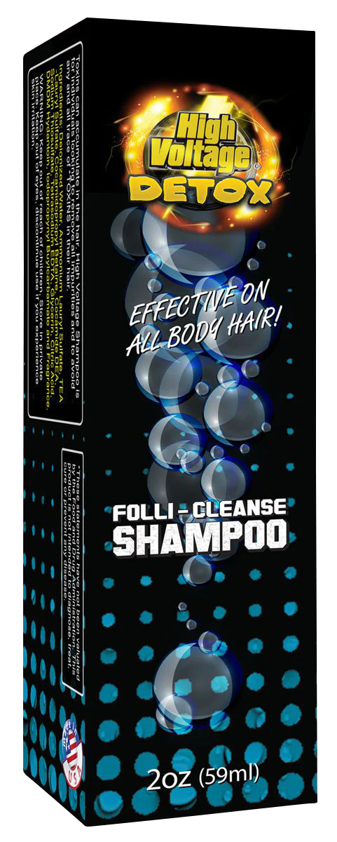High Voltage Detox Folli-Cleanse Shampoo 2oz front packaging view for all body hair detox