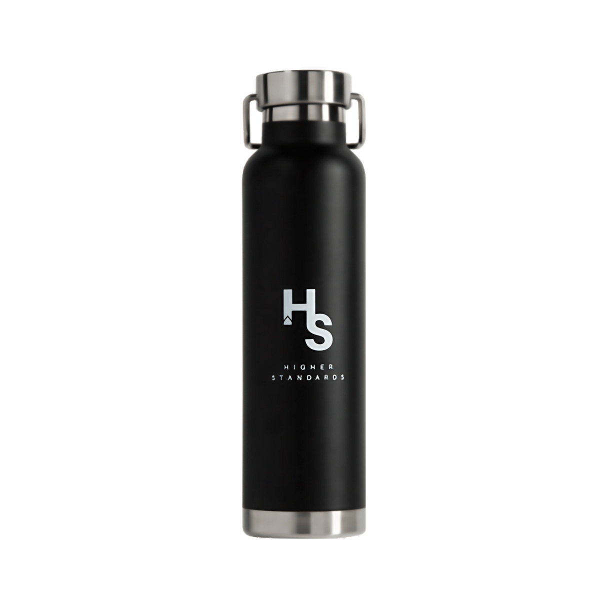Higher Standards black steel canteen with logo, front view on a white background