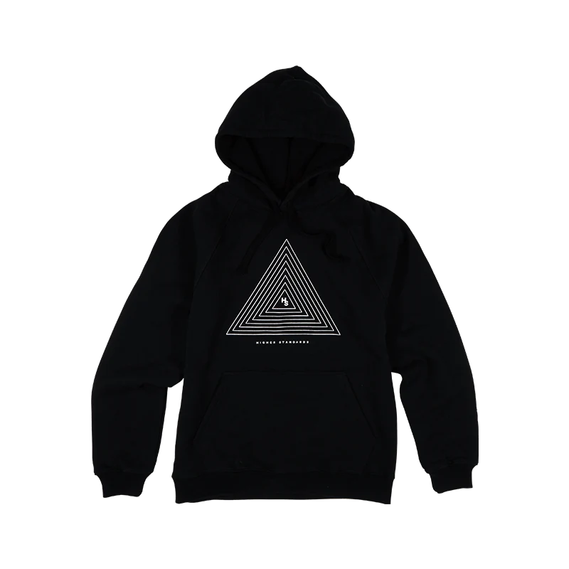 Higher Standards Hoodie in black with concentric triangle design, front view on a seamless white background