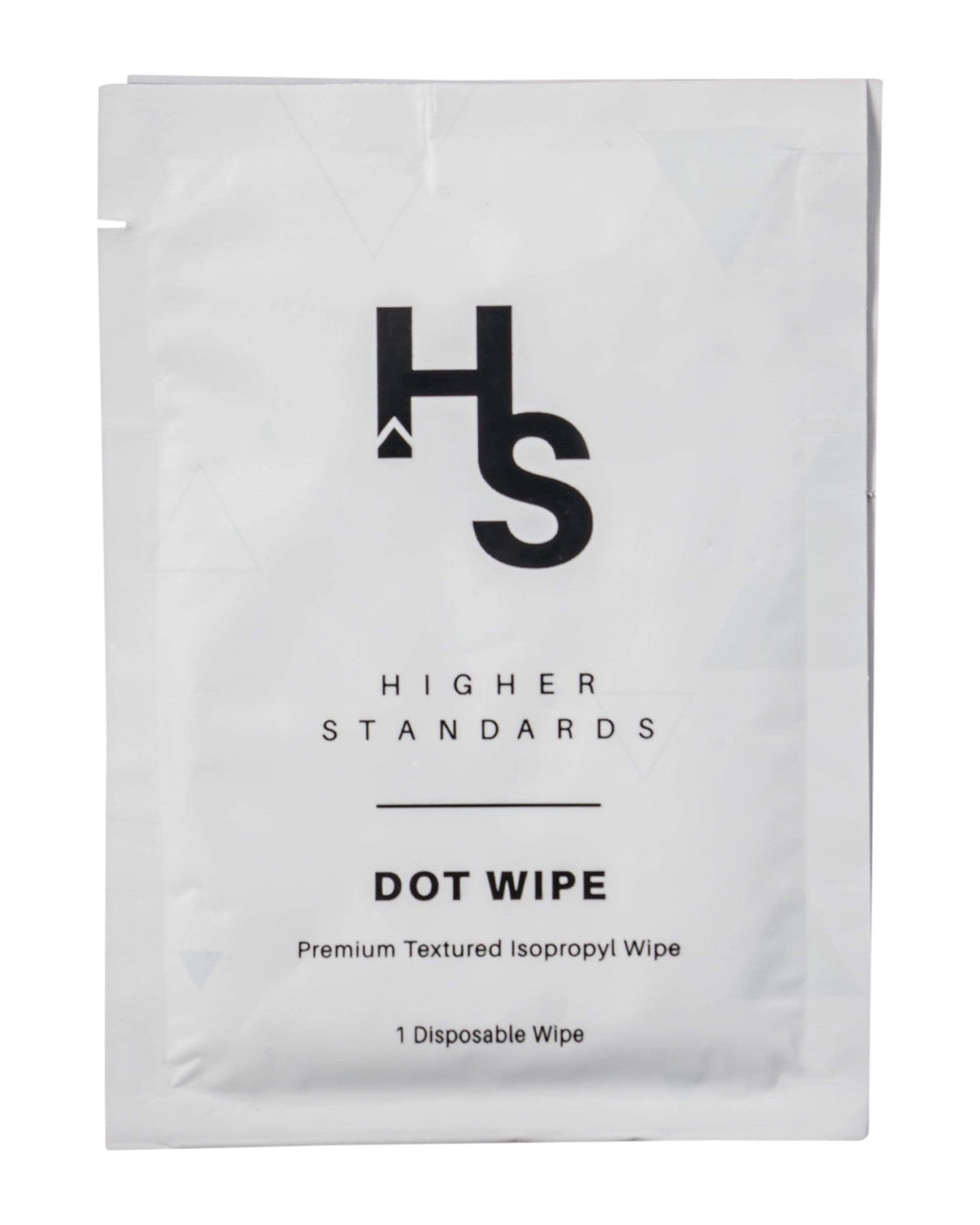 Higher Standards Dot Wipe packet, premium textured isopropyl wipe for cleaning, front view
