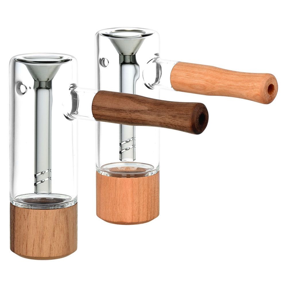 Honey Labs Afterswarm Bubbler, clear borosilicate glass with wood accents, hammer design, 4.5" height