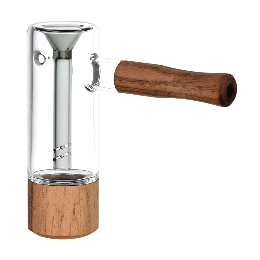 Honey Labs Afterswarm Bubbler, clear borosilicate glass with wooden handle, hammer design, 4.5" tall