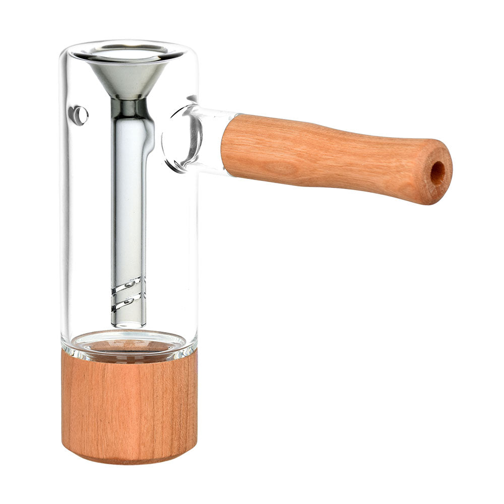 Honey Labs Afterswarm Bubbler, clear borosilicate glass with wooden handle, side view
