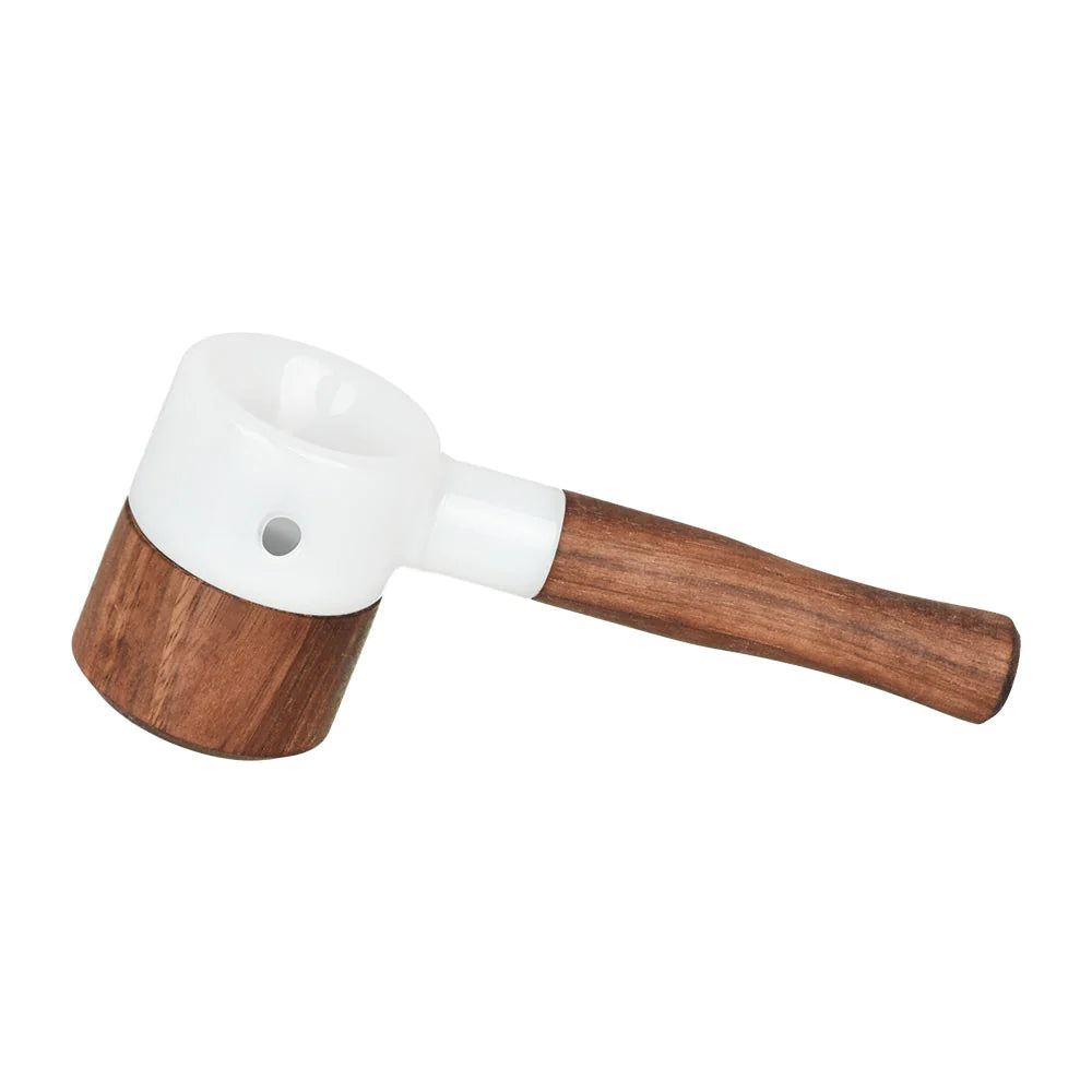 Honey Labs AfterSwarm Spoon Pipe in White with Borosilicate Glass Bowl and Wood Handle - Top View