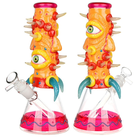 Horned Cyclops 3D Painted Beaker Water Pipe, 9.75" Borosilicate Glass, Front and Side Views