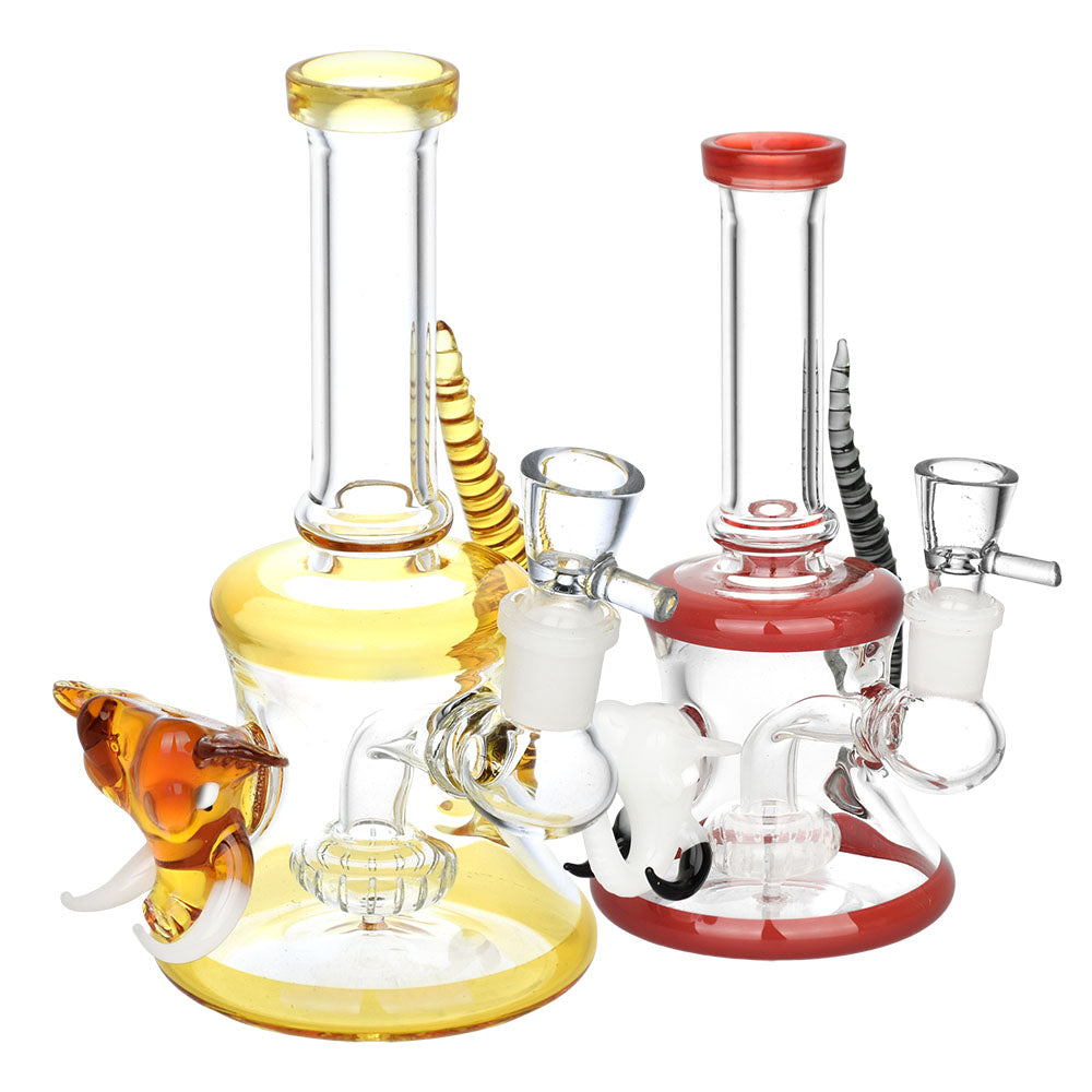 Horned Elephant Water Pipes in yellow and red, 6.5" tall with 14mm female joint, front view on white background