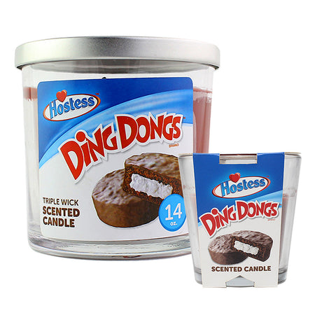 Hostess Cakes Dessert Scented Candles, Ding Dongs variant, displayed in large and small sizes with packaging