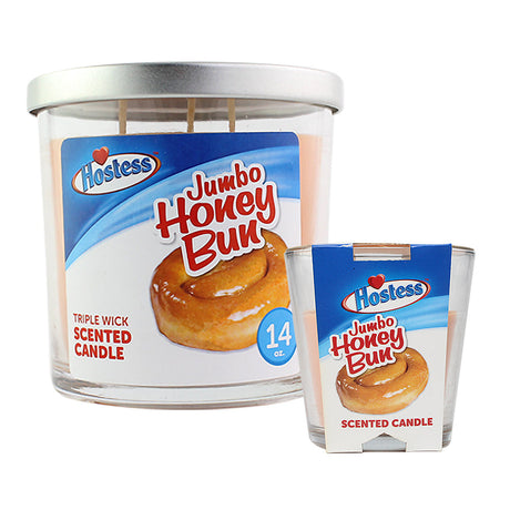 Hostess Jumbo Honey Bun Scented Candle with triple wick, 14 oz, front view on white background