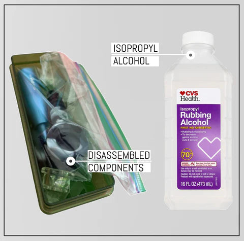 Weedgets Maze-X Pipe disassembled view with isopropyl alcohol for cleaning