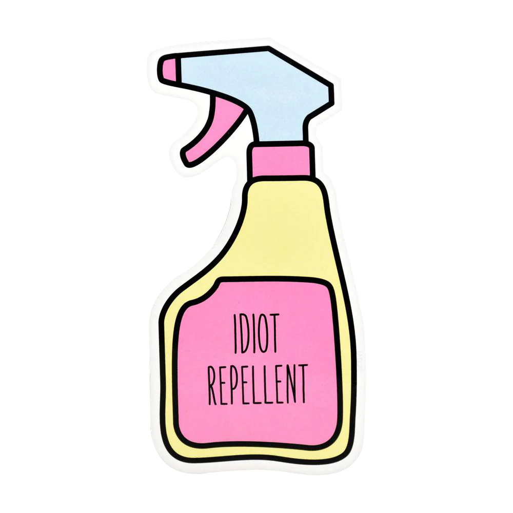 Idiot Repellent Spray Sticker, novelty gift, 2.75" x 5.5", front view on white background