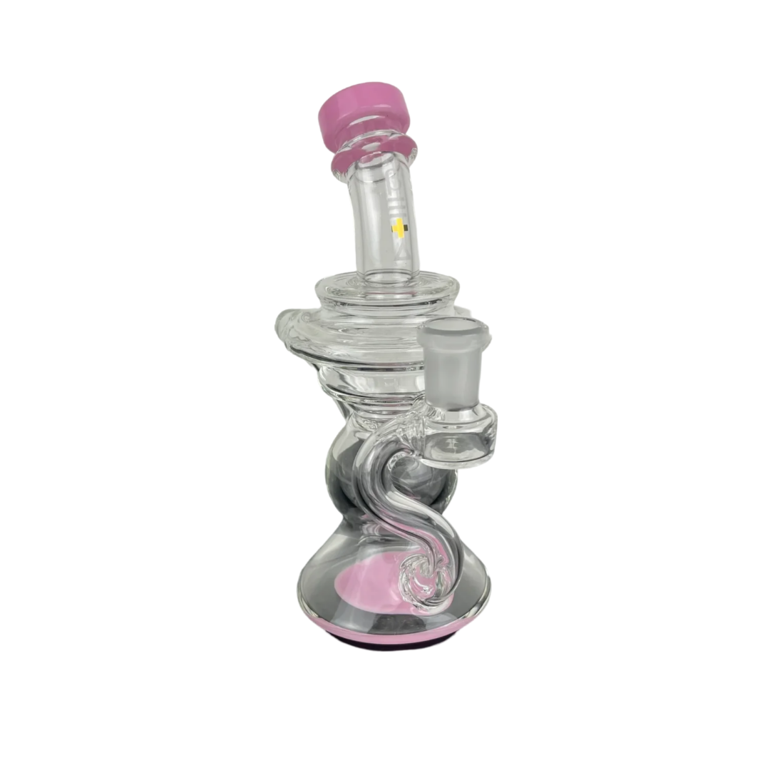 Beta Glass Labs Klein Dab Rig in Pink Cadillac, 14mm, with recycler design and banger hanger, front view