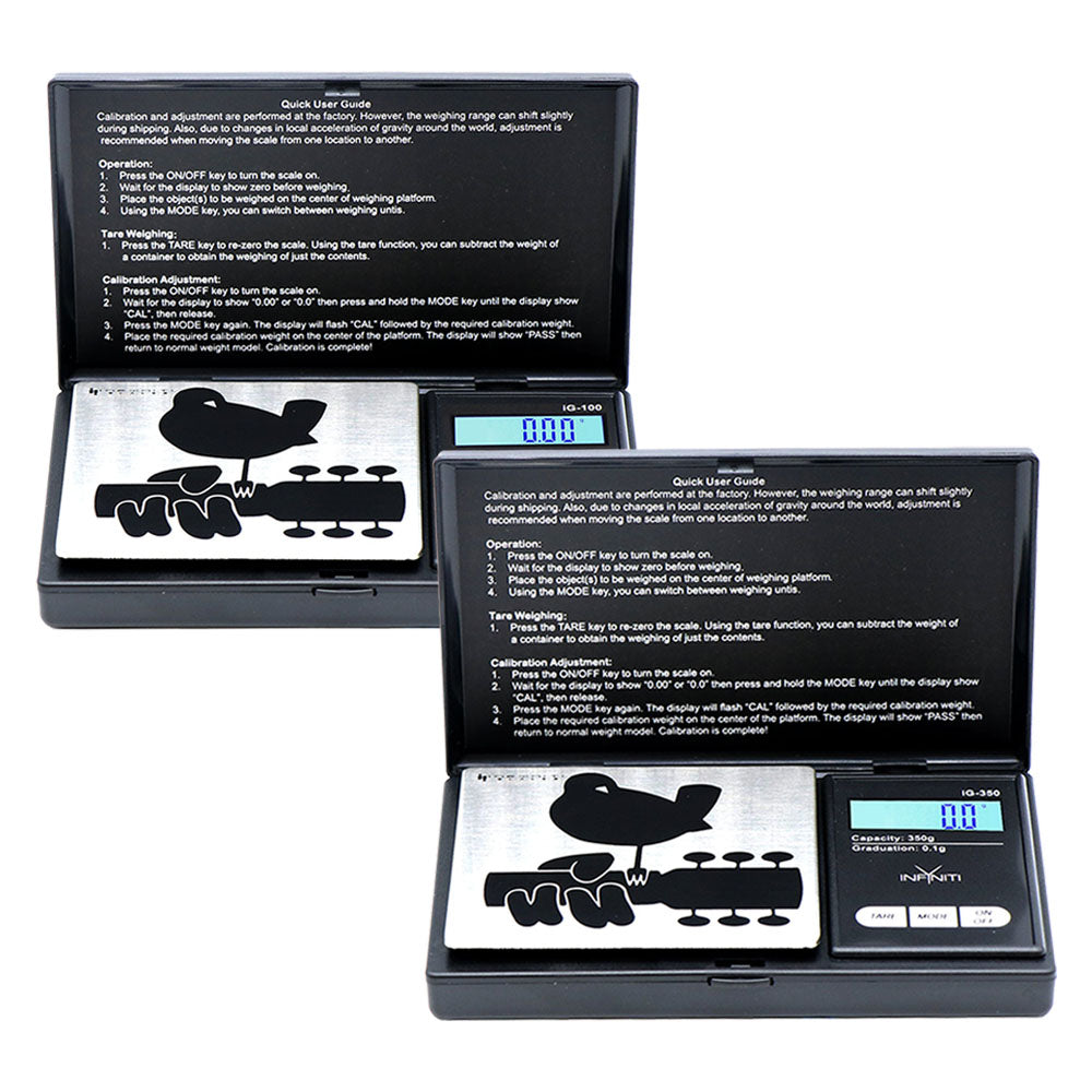 Infyniti Woodstock G-Force Pocket Scale open and closed views, digital display, portable design