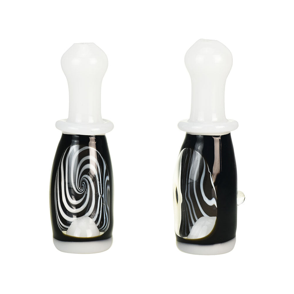 Borosilicate Glass Inside Spiral Bowling Pin Chillum Pipe, Front and Side Views