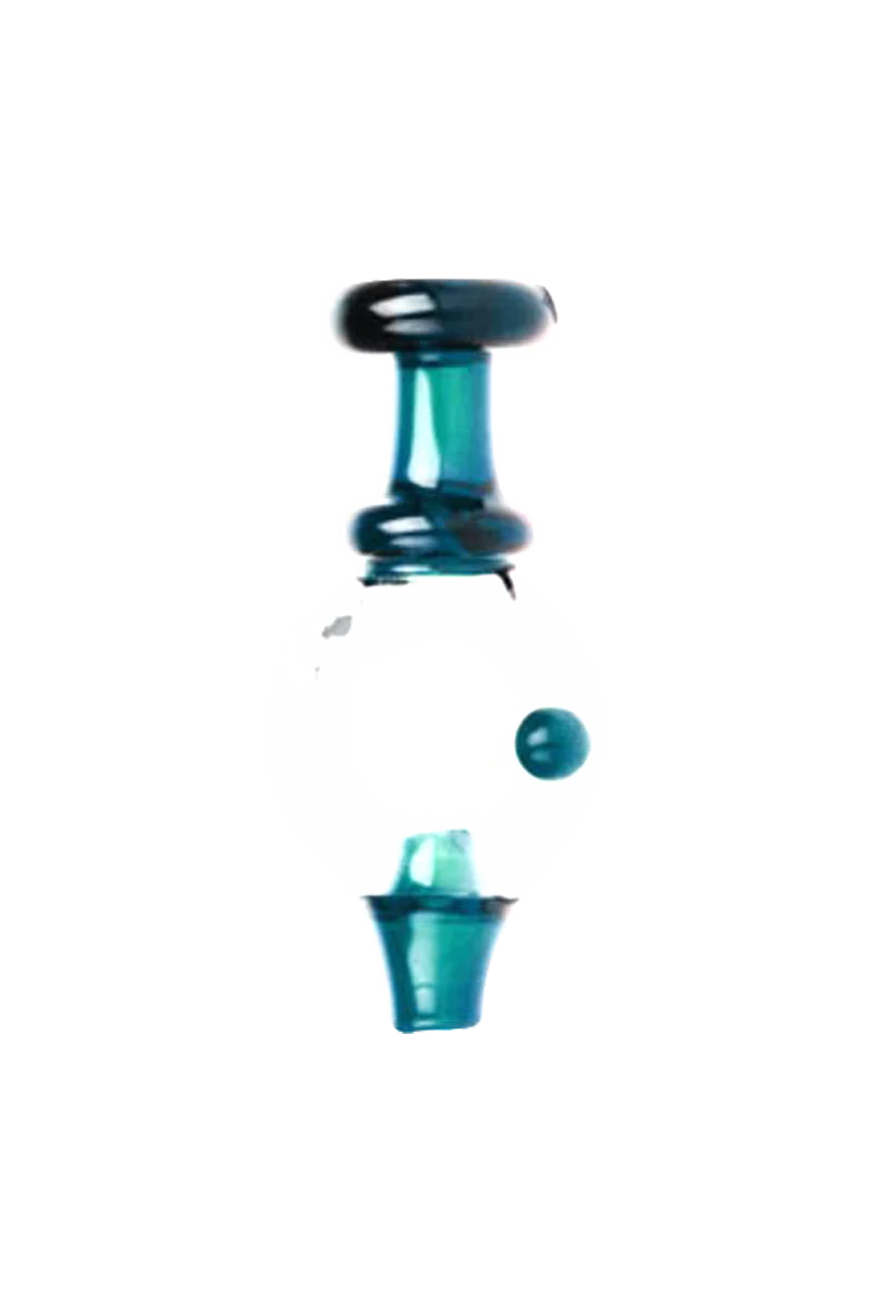 UV reactive borosilicate glass spinning ball carb cap, 28mm diameter, front view on white background