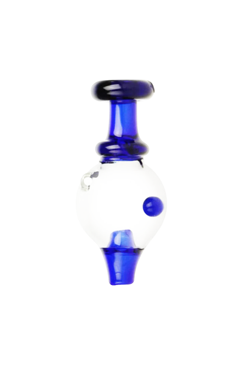 Borosilicate glass spinning ball carb cap, UV reactive, front view on white background