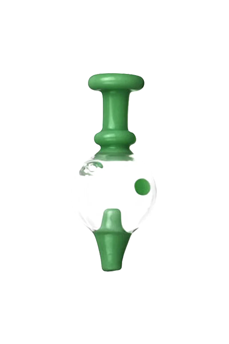 Borosilicate glass spinning ball carb cap for dab rigs, UV reactive, 28mm diameter, front view