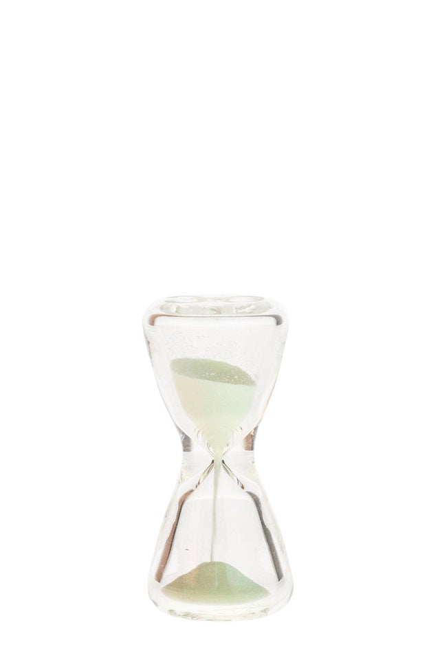 Invasion Glass - 30 Second Hourglass Dab Timer, clear with green sand, front view on white background