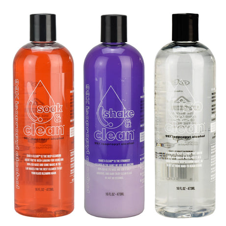 Three bottles of Isopropyl Alcohol Cleaner in orange, purple, and clear, 16oz each, front view