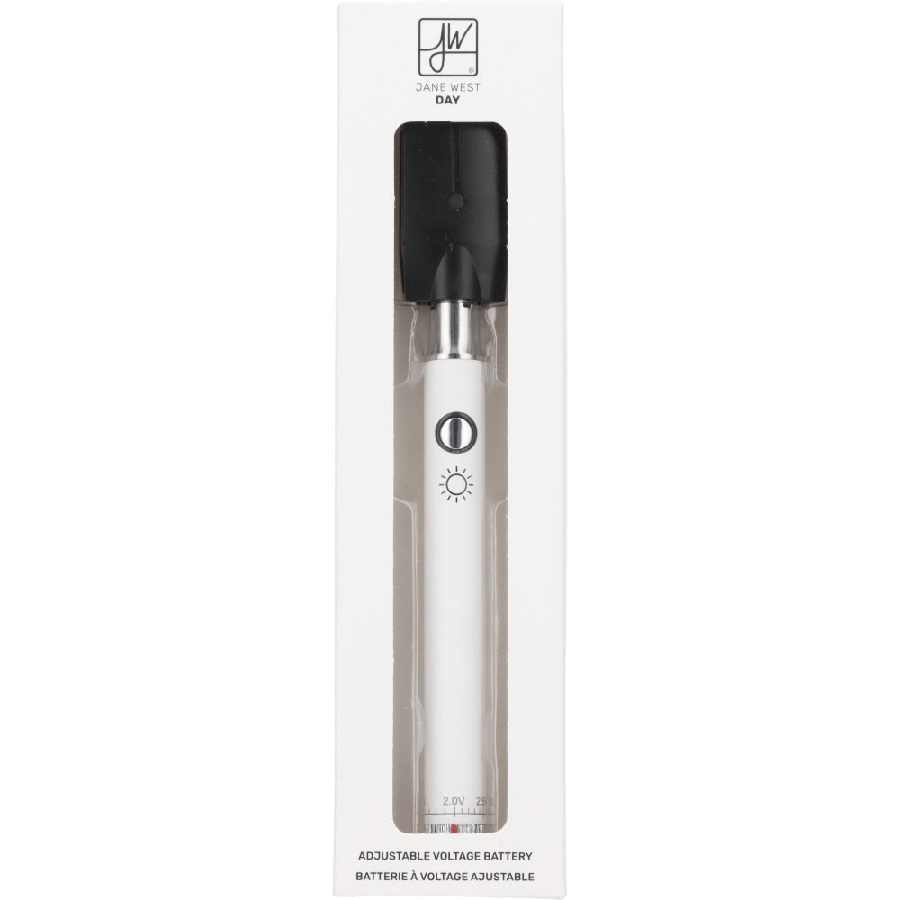 Jane West 510 Thread Battery, white, with variable voltage dial, packaged view