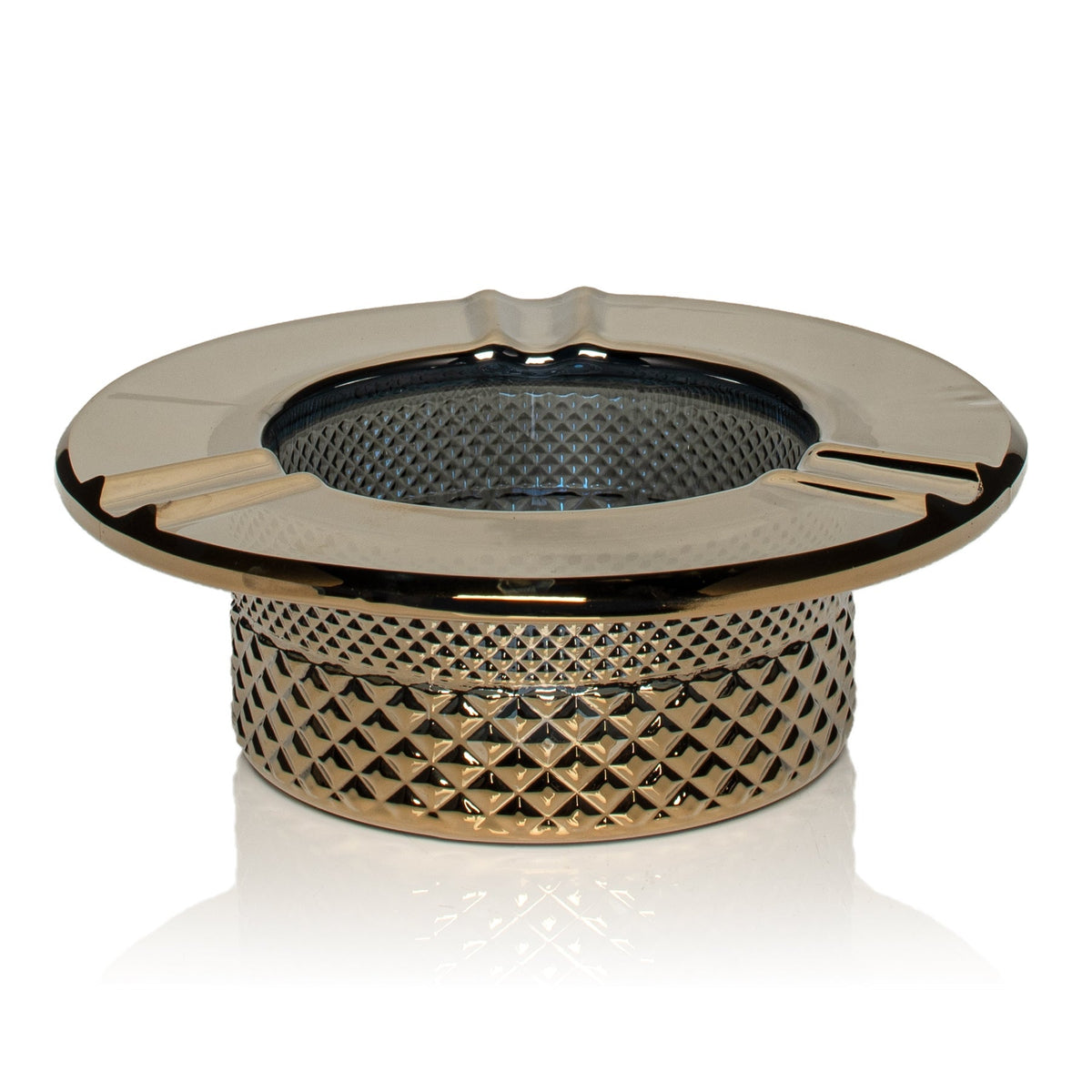 Jane West Twenties Collection Gold glass ashtray with crystal cut base and three pre-roll notches