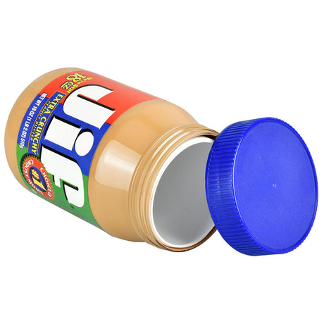 Jiffy Peanut Butter Diversion Stash Safe - 18oz Jar with Blue Lid - Angled View