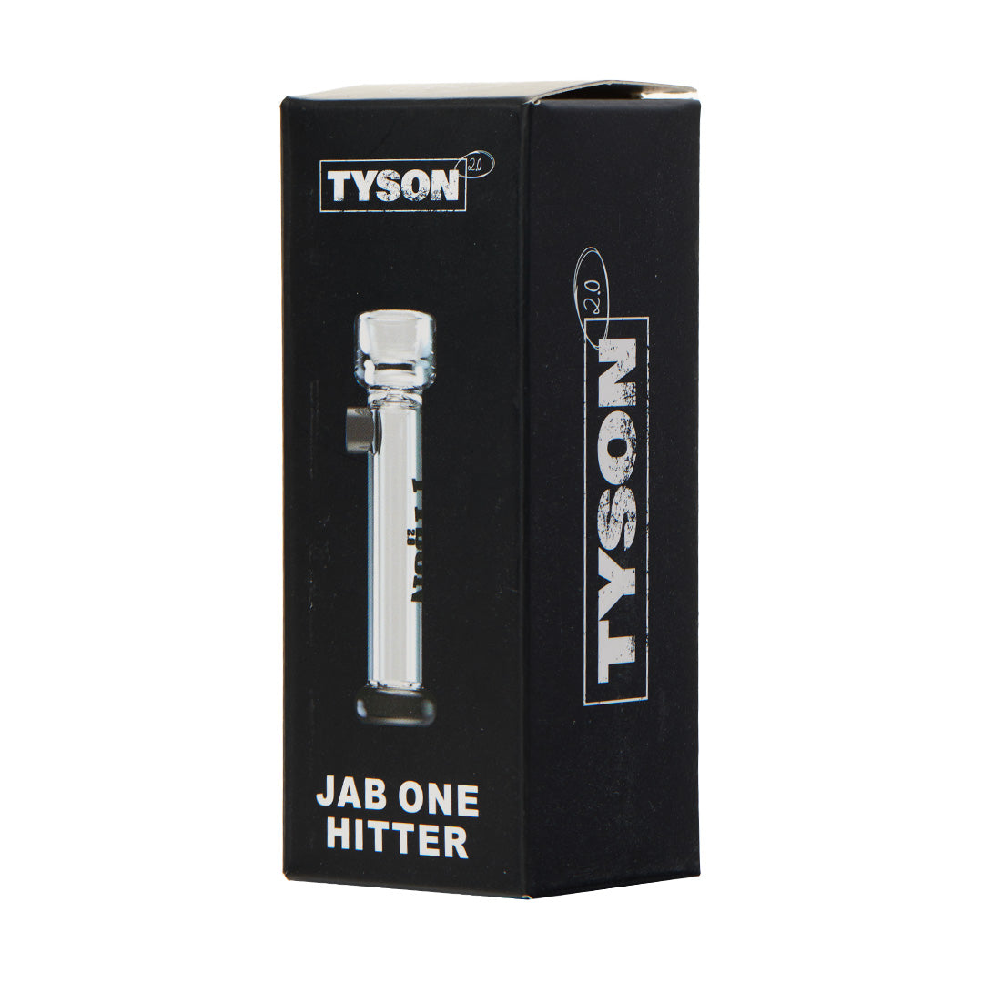 Tyson Jab One Hitter hand pipe on black packaging, front view, compact and portable design