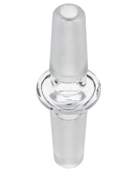 Valiant Distribution clear glass 14mm male joint converter for bongs, front view on white background