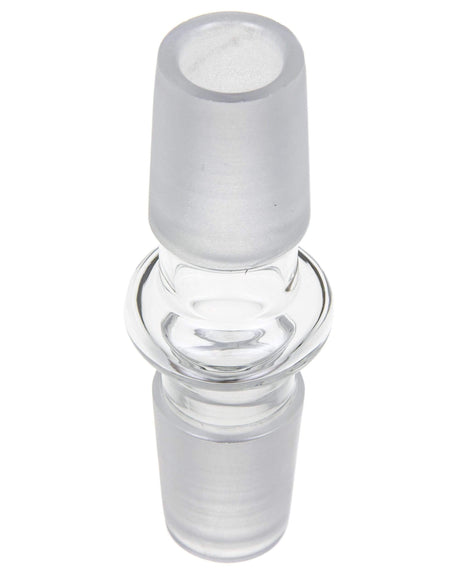 Valiant Distribution clear glass joint converter for bongs, 90 degree angle, 18mm male to male