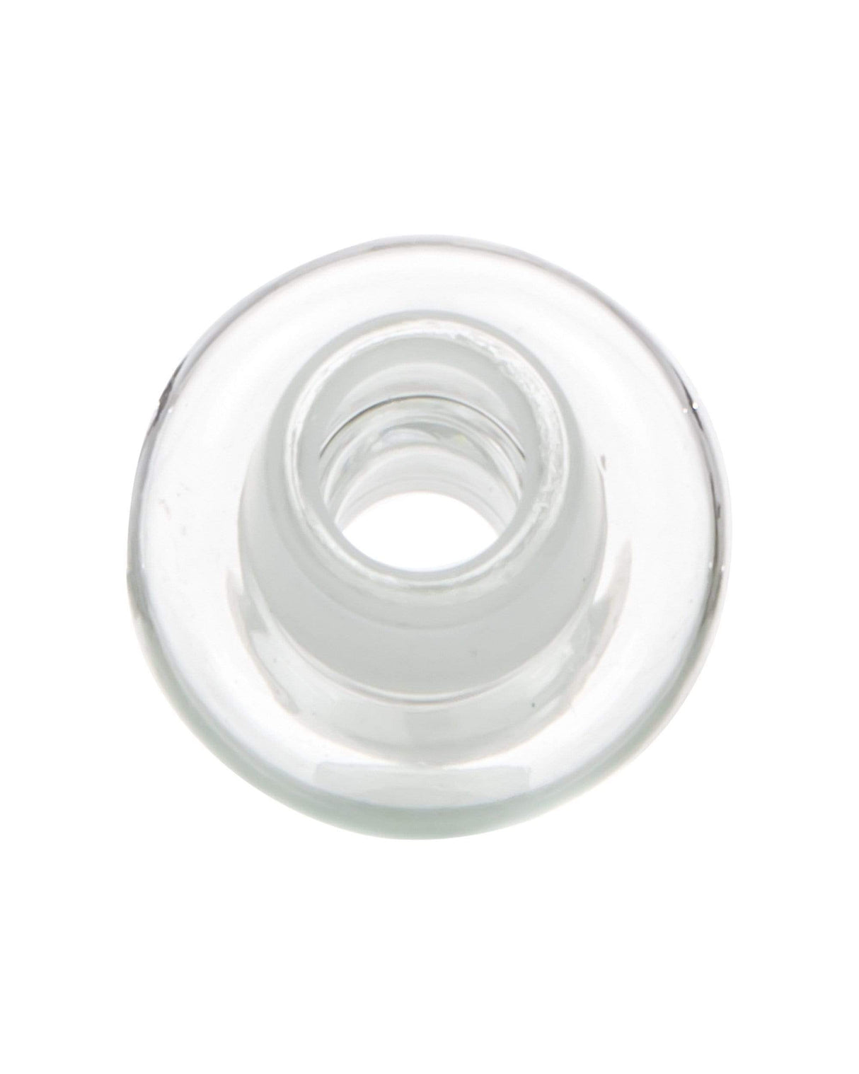 Valiant Distribution clear glass joint converter, 90-degree angle, 14mm male to male, top view