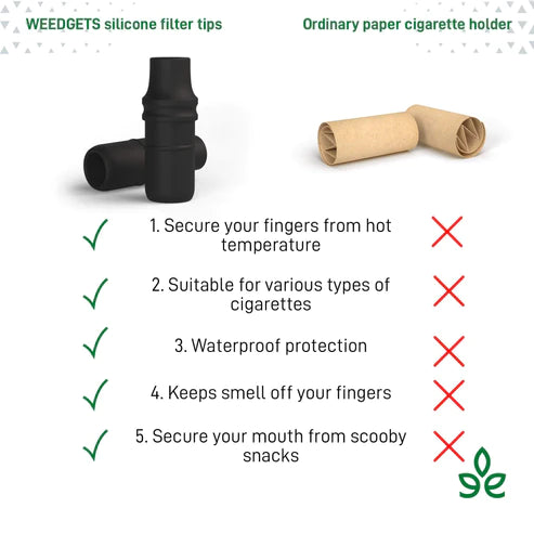 Weedgets silicone filter tips compared to ordinary paper cigarette holder, highlighting benefits