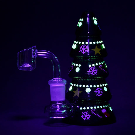 Jolly Holiday Tree Glass Rig glowing in the dark, 5" 14mm F with tree percolator, front view