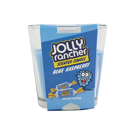 Jolly Rancher Blue Raspberry Scented Candle in glass holder, front view with packaging