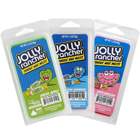 Jolly Rancher scented soy wax melts in Green Apple, Blue Raspberry, and Watermelon, front view.