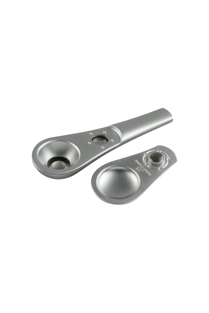 Journey Pipe J3 in silver, portable zinc alloy hand pipe with a magnetic lid, isolated on white