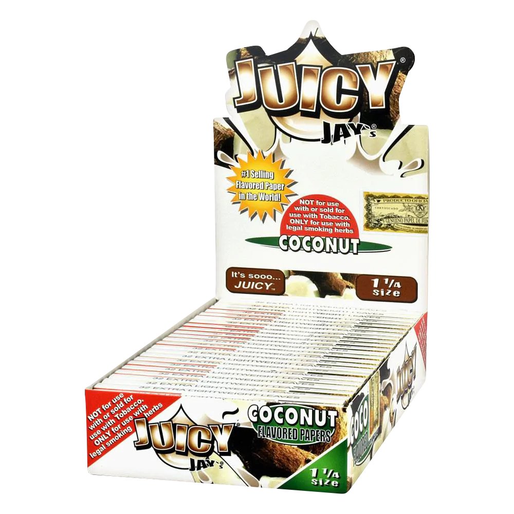 Juicy Jays 1 1/4 Coconut Flavored Rolling Papers 24 Pack Display Box Front View