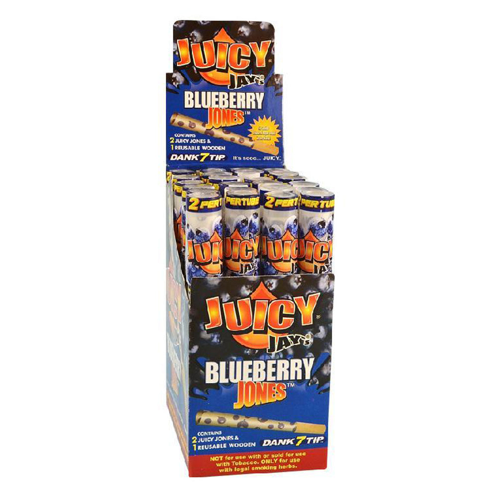 Juicy Jays Pre-Rolled Hemp Cones in Blueberry flavor, displayed in a stack
