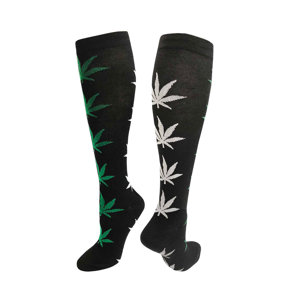 Julietta Hemp Leaves Knee High Socks in Green White, Unisex One Size, Front View