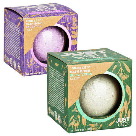 JUST CBD Bath Bombs in Lavender and Eucalyptus, 150mg CBD, 5oz, Front View of Boxes