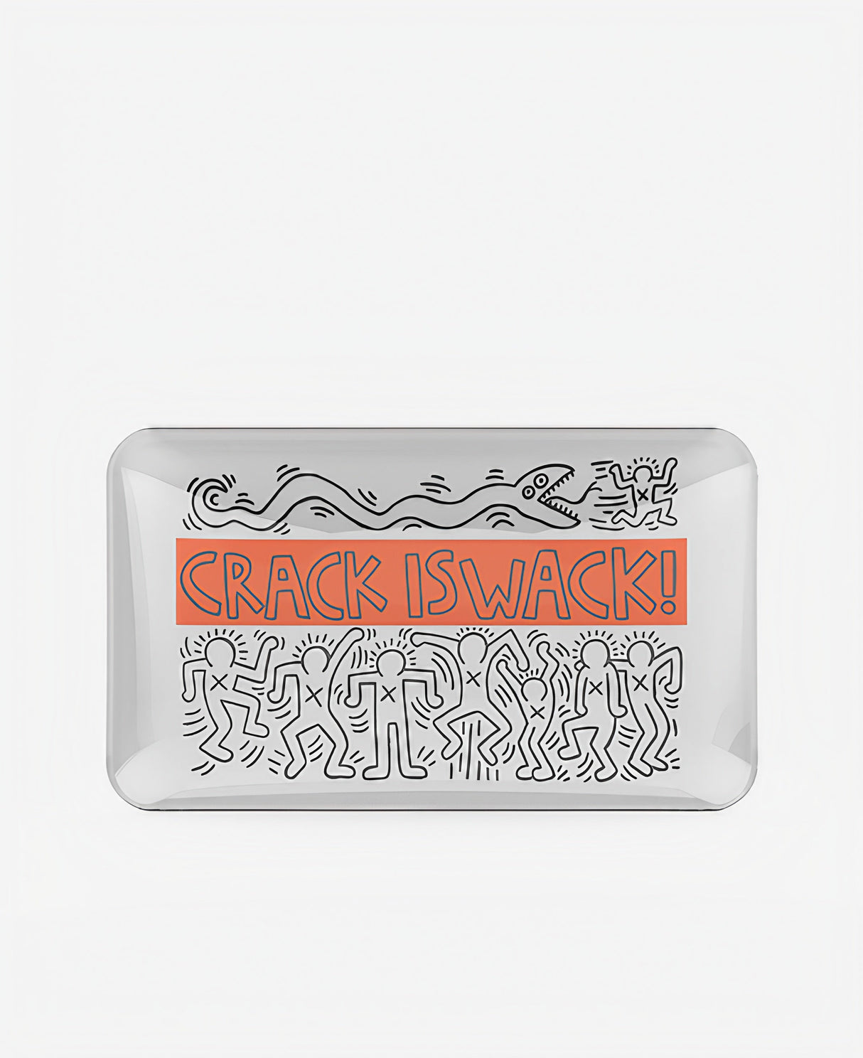 K.Haring Glass Collection rolling tray with bold artwork, top view on white background