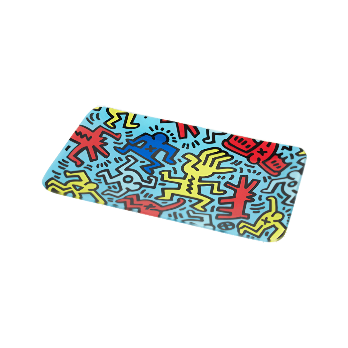 K.Haring Glass Collection rolling tray with vibrant artwork, angled view on a seamless white background