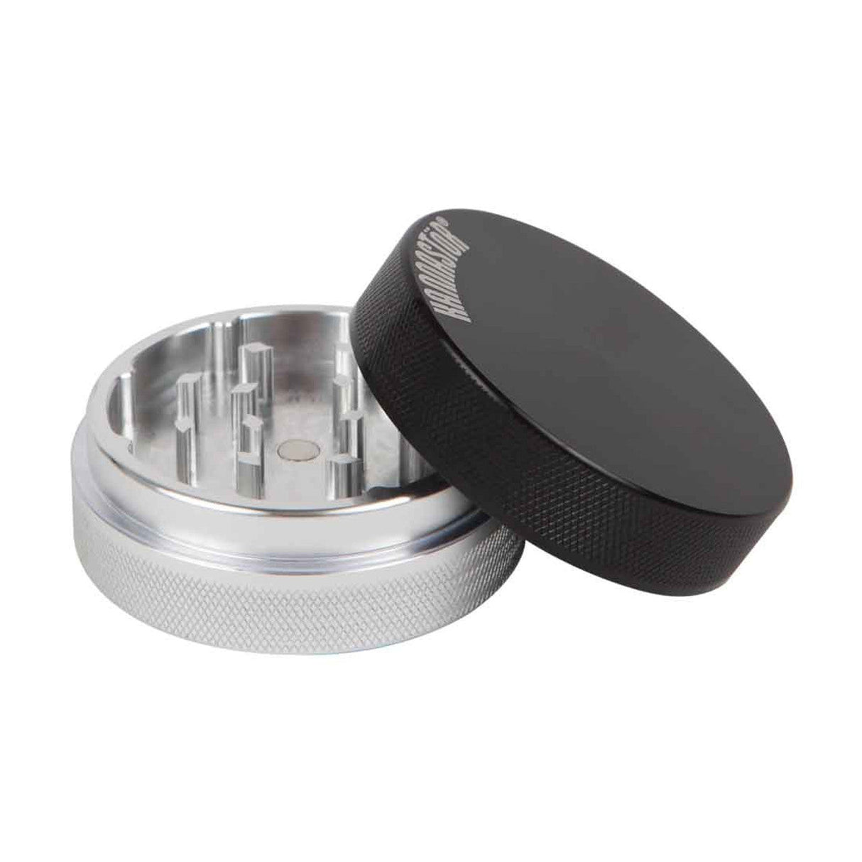 Kannastör 2-piece Aluminum Grinder, Black Top, Durable Teeth, Side View