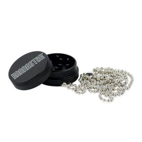 Kannastör aluminum 2-piece pendant grinder with necklace chain, front view on white background