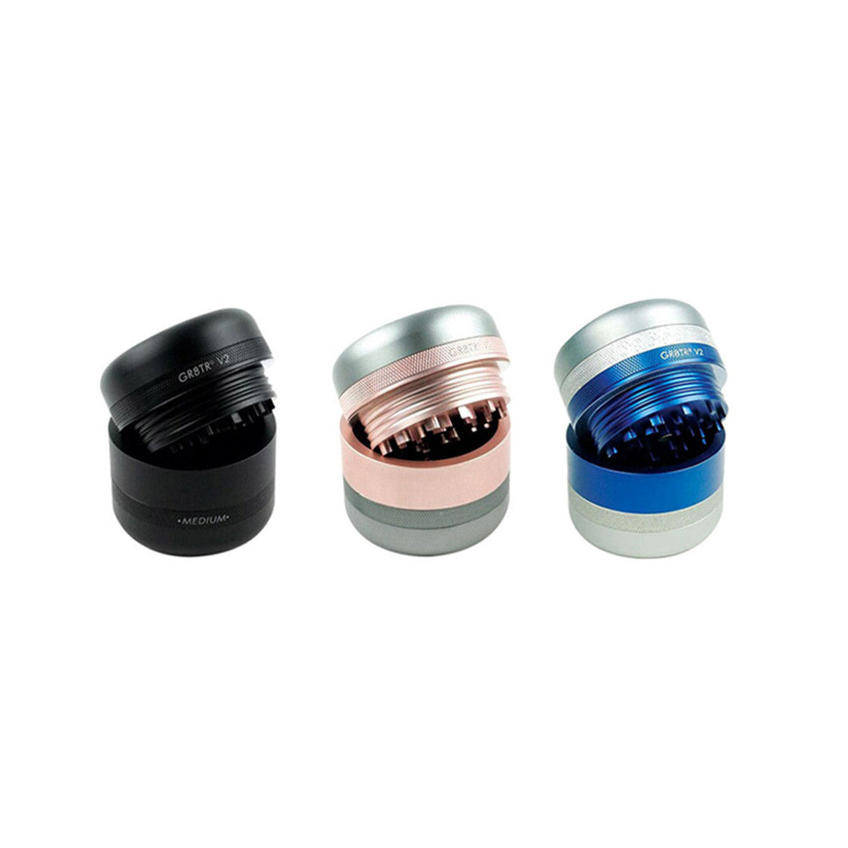 Kannastor GR8TR V2 Series Grinders in black, rose, and blue colors, front view on white background