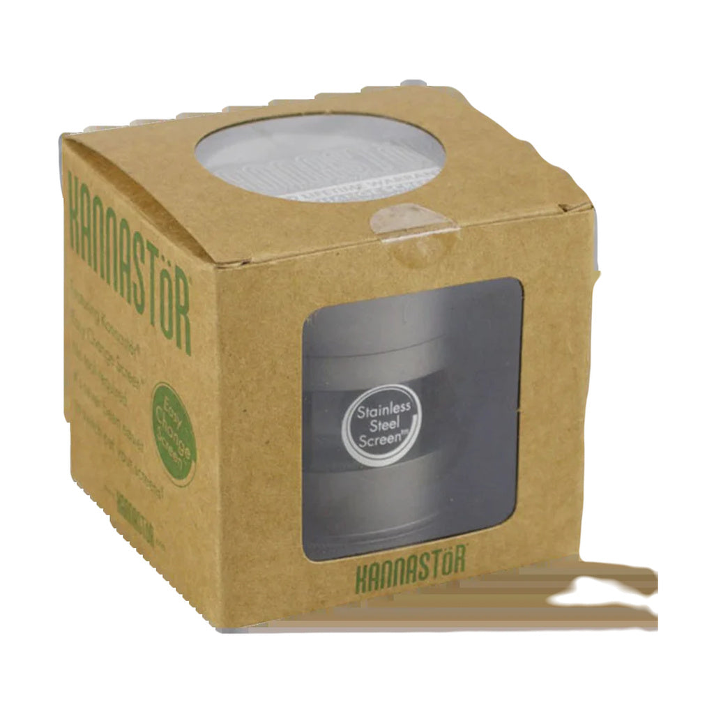 Kannastor Gunmetal Grinder in packaging, front view showcasing the Stainless Steel Screen feature