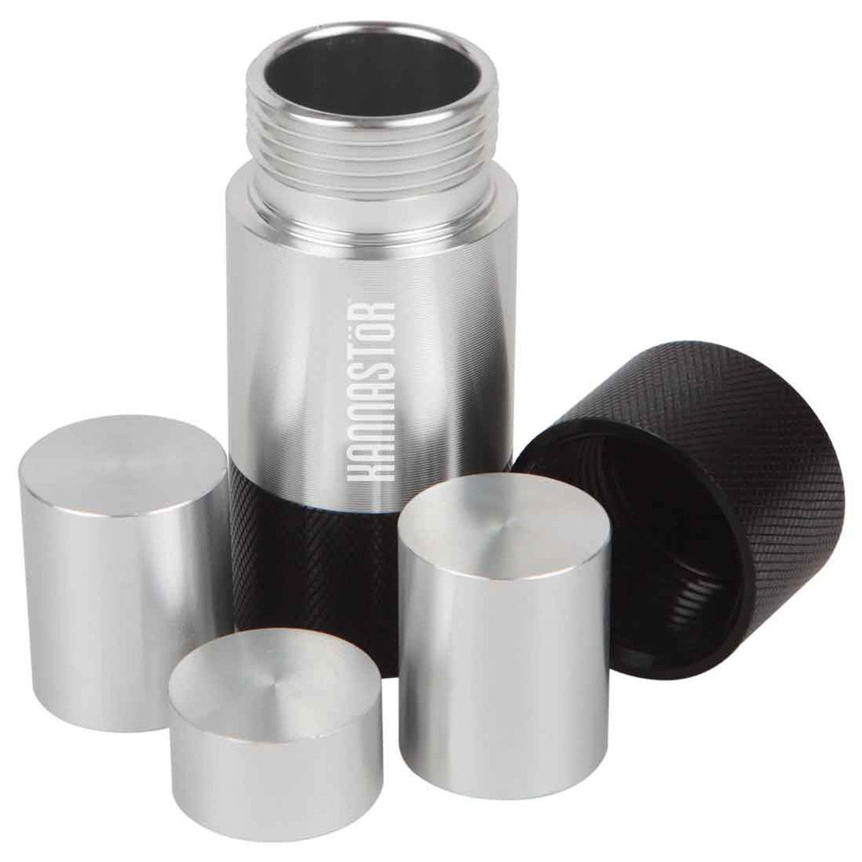 Kannastör Aluminum Press for Grinders, front view with cap off showing interior and components