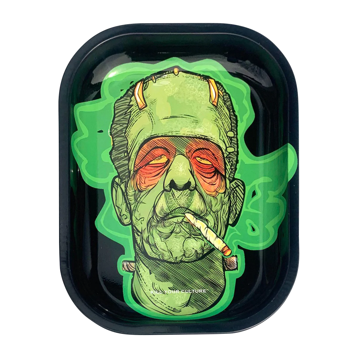 Kill Your Culture 'Frankenstoned' Metal Rolling Tray with Artistic Design, 5.5" x 7" Size